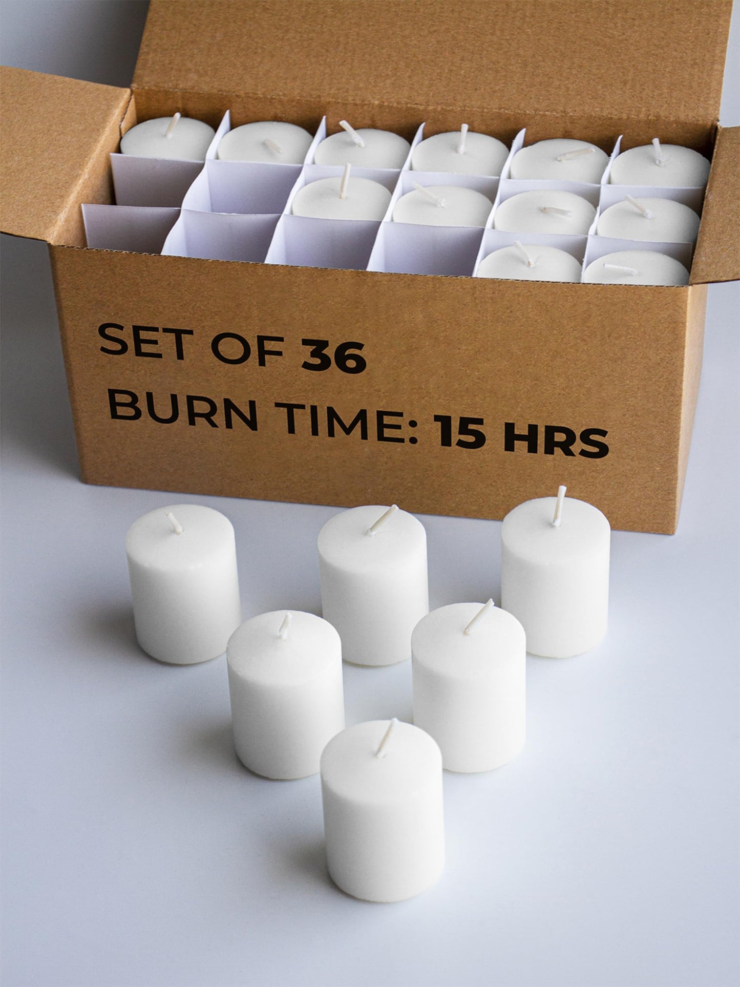 CANDWAX Unscented White Votive Candles Set of 36 - Clean-Burning, Long-Lasting 15 Hour Burn - Ideal for Weddings, Home Décor, Spa, Events - Bulk Value for Versatile Use