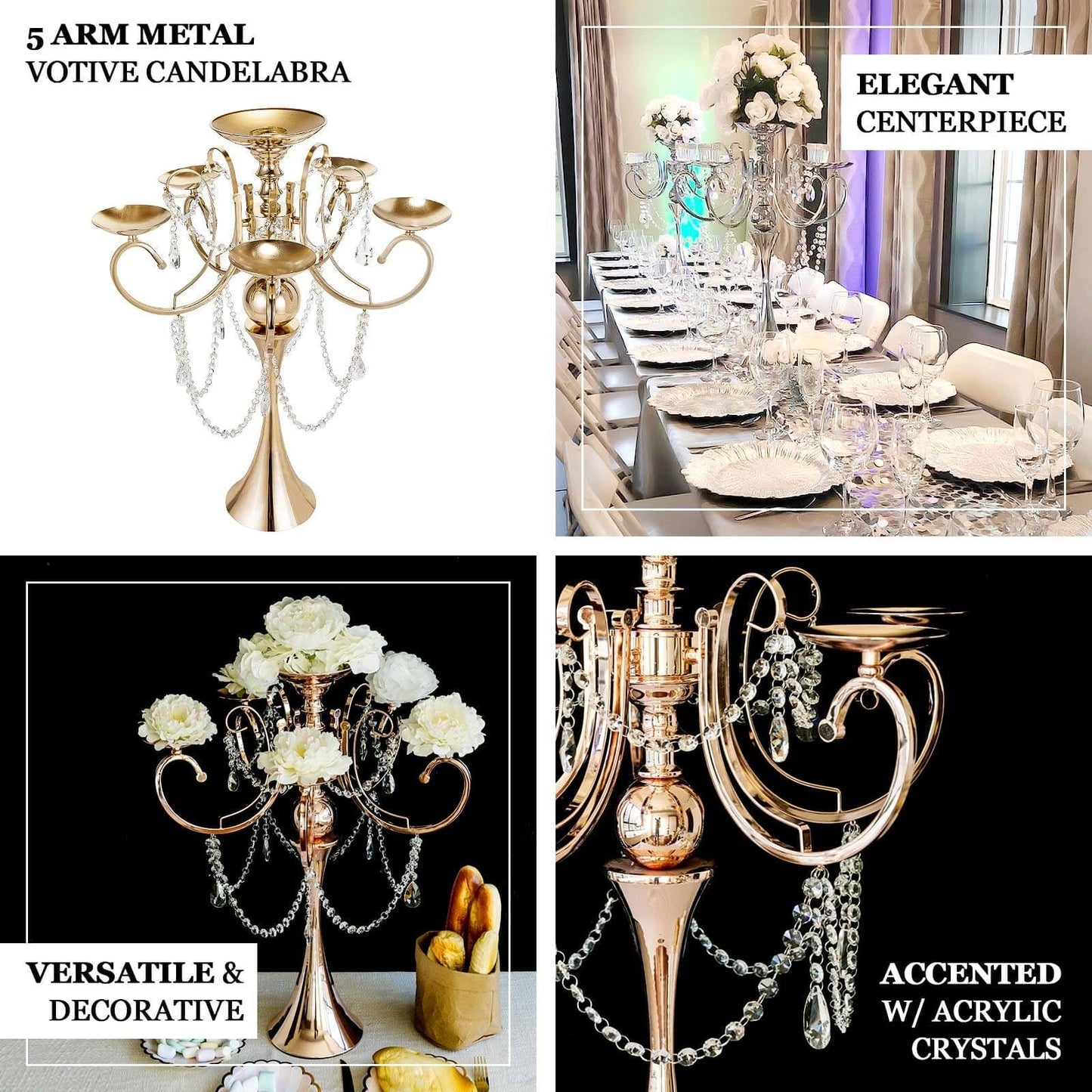 Efavormart 27" Gold Metal 5 Arm Candelabra Votive Candle Holder with Hanging Crystal Drops