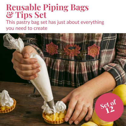 Prestee Reusable Piping Bags and Tips Set - 5 TPU 12-Inch Piping Bags with 5 Metal Icing Tips and 2 Couplers - Flexible and Durable Frosting Piping Kit for Cake Cupcake Cookie Decorating - Transparent