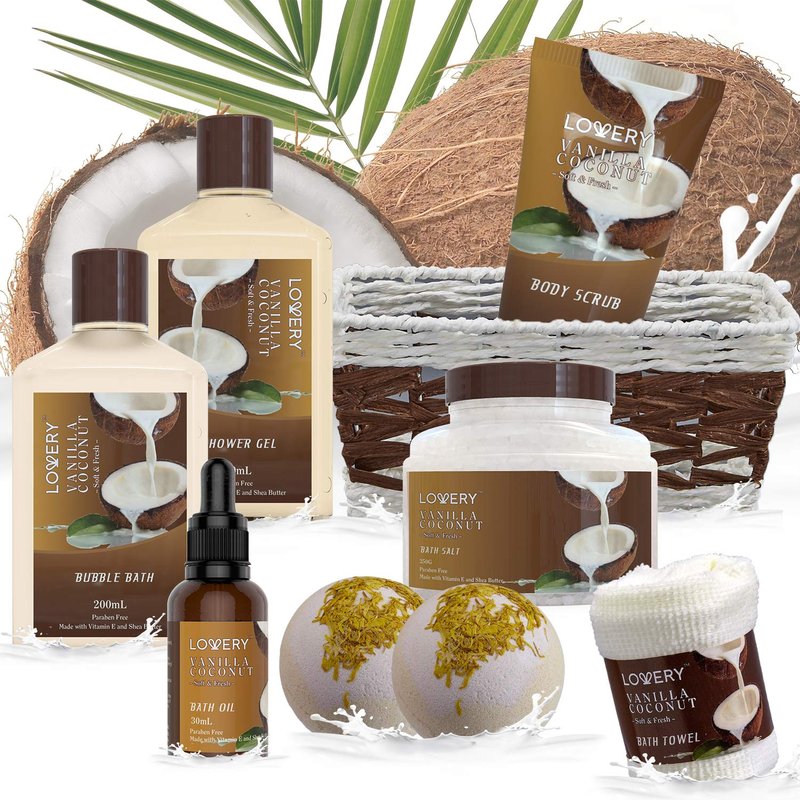 Gifts For Women Gift Basket for Women– Mothers Day Gifts for Mom, 9 Piece Set of Vanilla Coconut Home Spa Set, Luxurious Bath and Body Set, Includes Fragrant Lotions, Large Bath Bombs, Coconut Oil