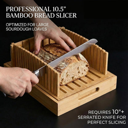 Bamboo Bread Slicer for Homemade Bread - Sturdy Bread Cutting Guide with Crumb Catcher Tray & Serving Board - Bread Cutter Machine for Loaf, Sandwich, Baking