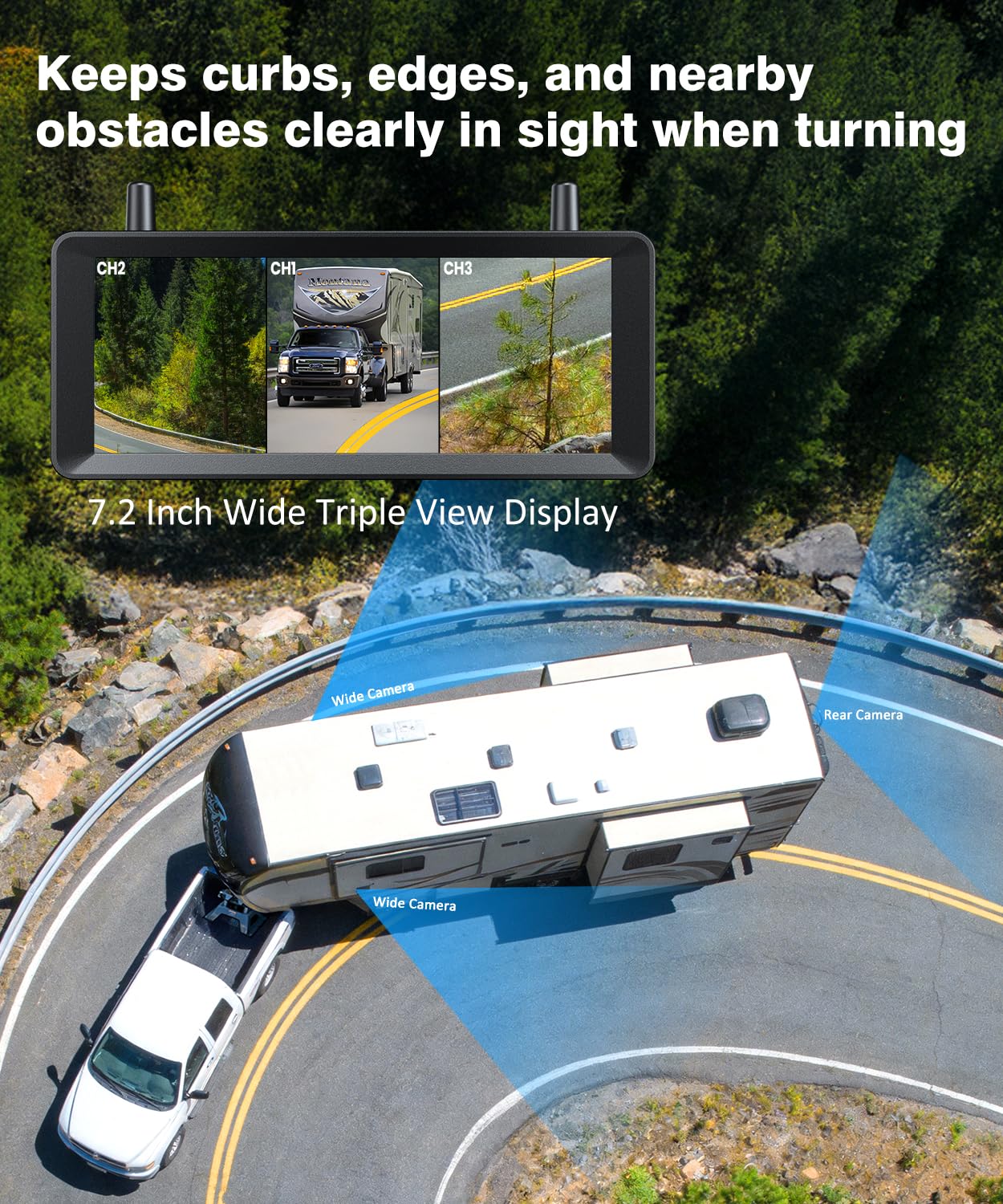 AUTO-VOX Wireless RV Backup Camera System: Rear and Side Coverage on a Large 7.2’‘ HD Monitor, Triple Split View, IR Night Vision, DVR Recording Back up Camera for RV,Travel Trailer,Motorhome,Camper