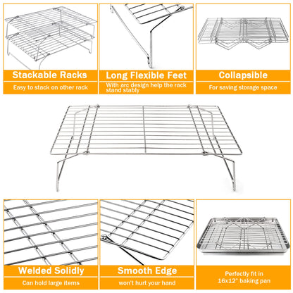 TeamFar Cooling Rack, 5-Tiers Stainless Steel Baking Cooling Wire Rack for Baking Roasting Cooking, Healthy & Firmly Weld, Stackable & Collapsible, Dishwasher Safe, 15”x10”
