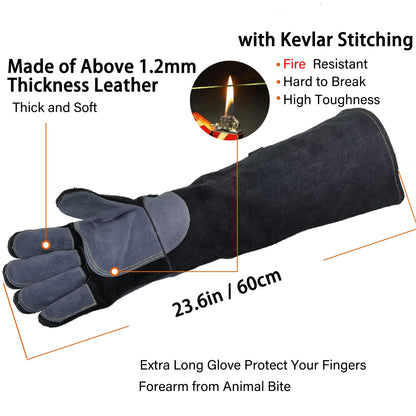 WZQH 23.6 In Leather Welding Gloves for Animal Handling,Grabbing Reptile, Grooming,Trips to Vet,BBQ,Fireplace.Puncture & Scratch Resistant, Bite Proof for Cat Dog Bird Falcon Livestock Snake L Black