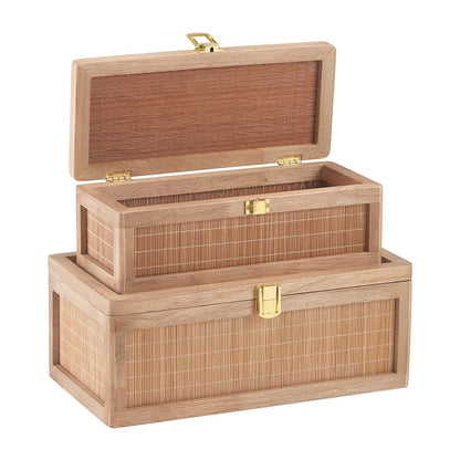 HuiDao Rattan Decorative Box, Boho Display Boxes with Lids, Set of 2 Rectangular Wicker Storage Basket, Natural Woven Cane Bins for Home Decor (Rectangular)