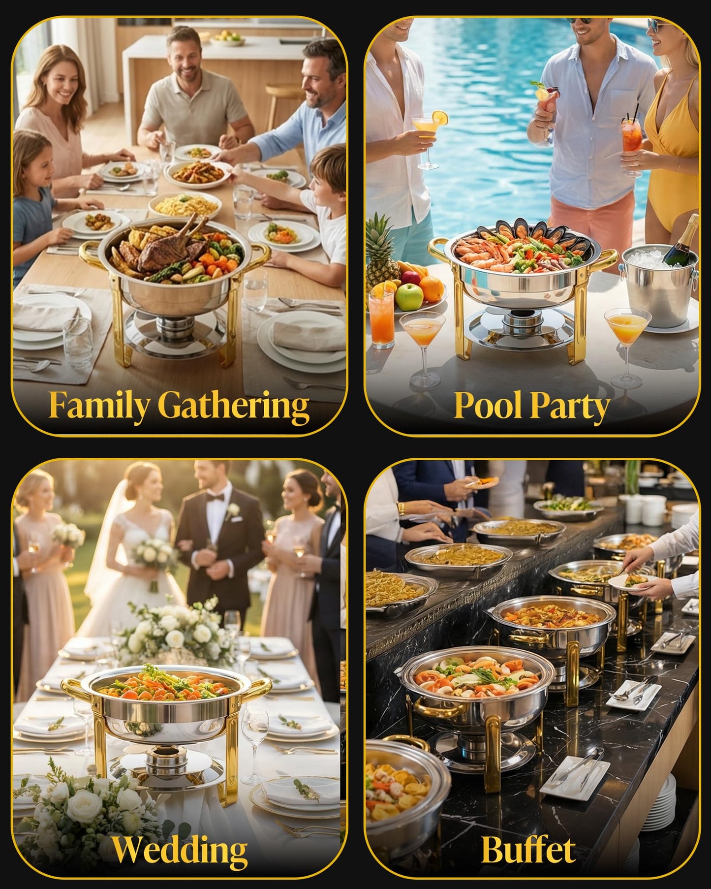 Chafing Dishes for Buffet 4 Pack, 6QT Round Stainless Steel Buffet Food Warmers with Elegant Gold & Silver Accents, Complete Set for Weddings, Parties, Catering Events & Holiday Gatherings