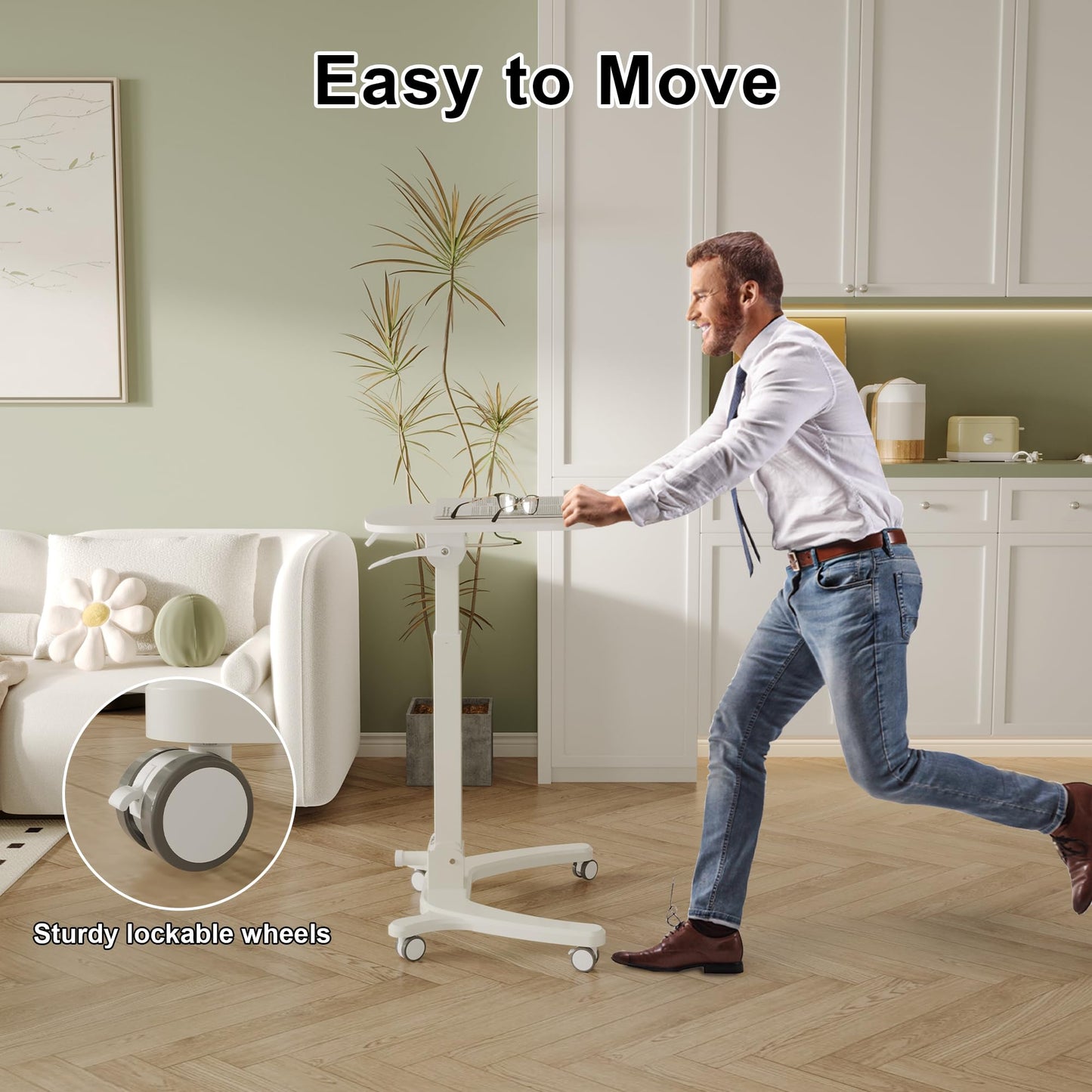 BONTEC Mobile Foldable Standing Desk, Portable Adjustable Height Desk with Gas Spring, Small Rolling Laptop Desk with Wheels for Home, Office, Bedroom, and Medical Use, 25.6" x 19.7" Desktop, White