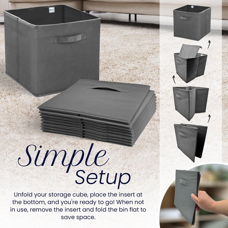Reli. 13x13x13 Storage Cube Bins (8 Pack) | Large Cube Organizer Bins | 13x13 Fabric Storage Boxes | Fits Kallax | Collapsible, Foldable Fabric Cubby Box (Square) | Kids Room Organization (Dark Gray)