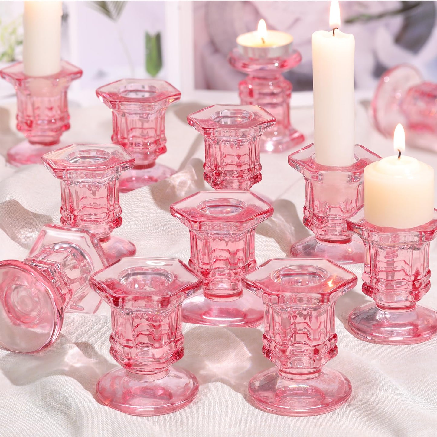 Lanttu 12 Pcs Pink Candlestick Holders Bulk, Glass Candle Holders Set, Crystal Taper Candle Holder for Wedding, Table Centerpiece, Home Decoration