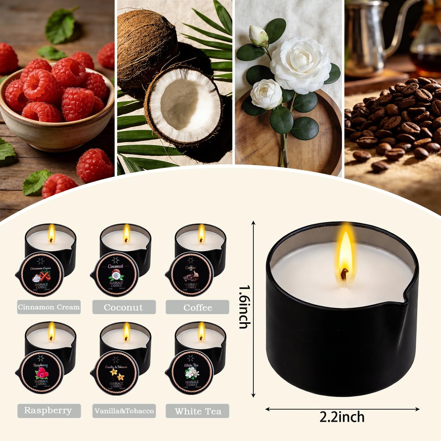 IUJOCQL 6 Pack Low Temperature Massage Oil Candle Set - Soy Wax that Melts Into Skin Nourishing Body Oil Massage Candle for Home Spa, Massage Therapy, Relaxation - Natural - 2.35 oz Each