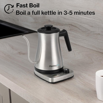 PantryPro Gooseneck Electric Kettle with Temperature Control, 34oz/1.0L Rapid Boil, Stainless Steel Interior, Auto Shut-Off, 1500W, Boil-Dry Protection, LED Indicator - Steel