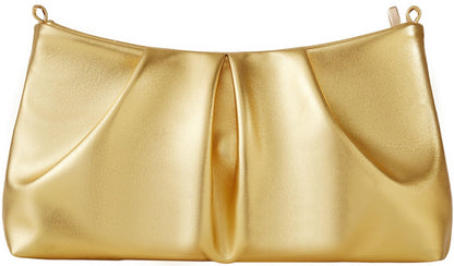 Vegan Leather Evening Bag Ruched Clutch Purse for Women Detachable Metal Chain Crossbody Bag（Gold）