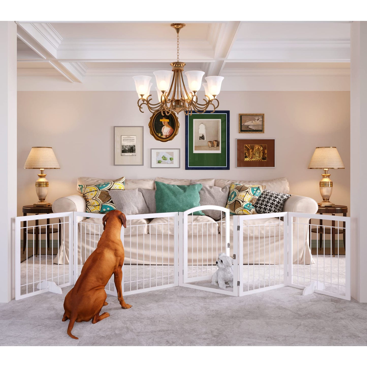 JSB 144-inch Extra Wide 30-inch Tall Dog gate with Door Walk Through, Freestanding Pet Gate for Halls, Stairs & Home, Pet Puppy Safety Dog Fence with 2PCS Support Feet (White)
