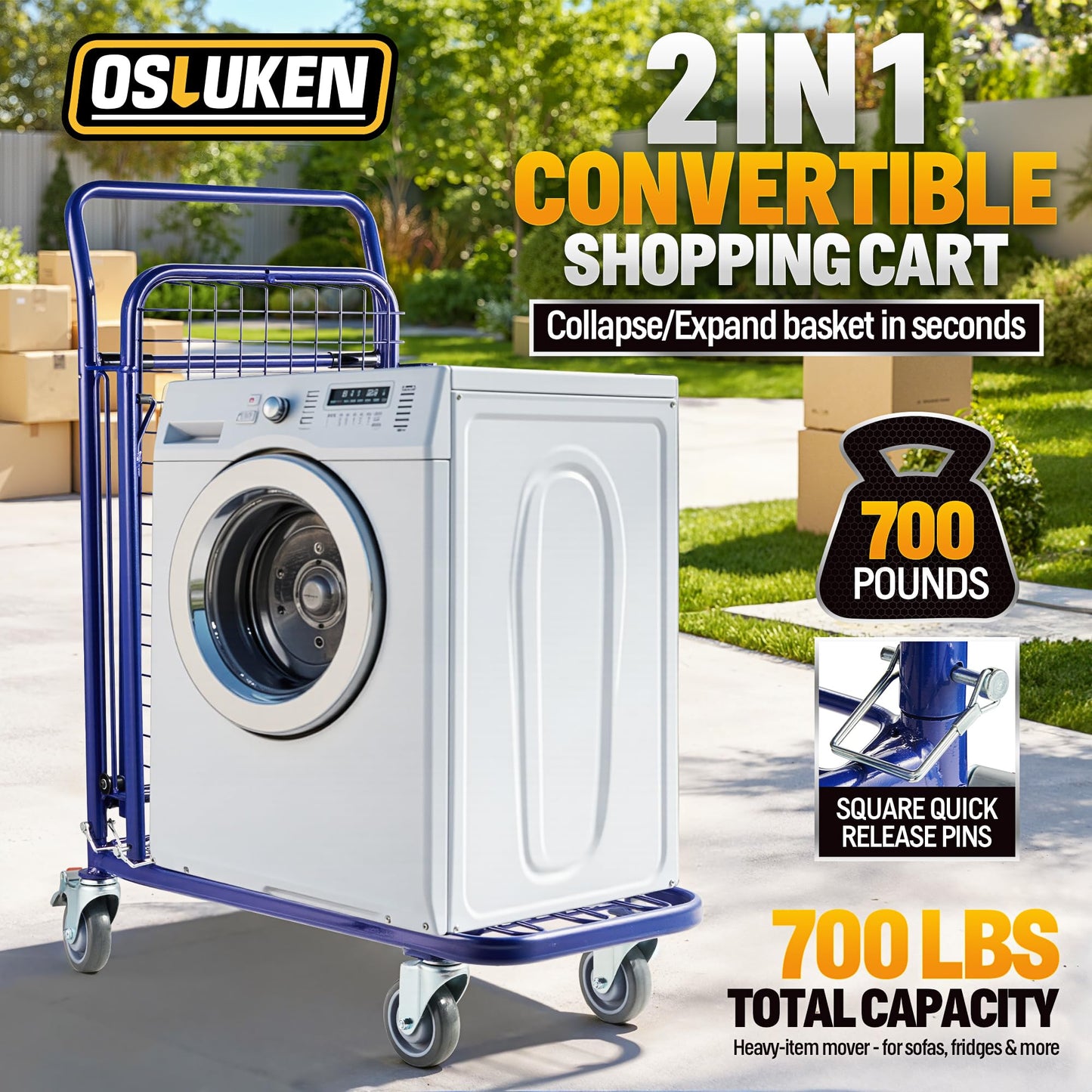 Osluken Upgraded Metal Shopping Cart with Wheels, 700 LBS Heavy Duty 2-Tier Grocery Cart, Detachable Utility Hand Truck Dolly for Home， Supermarket，Warehouse