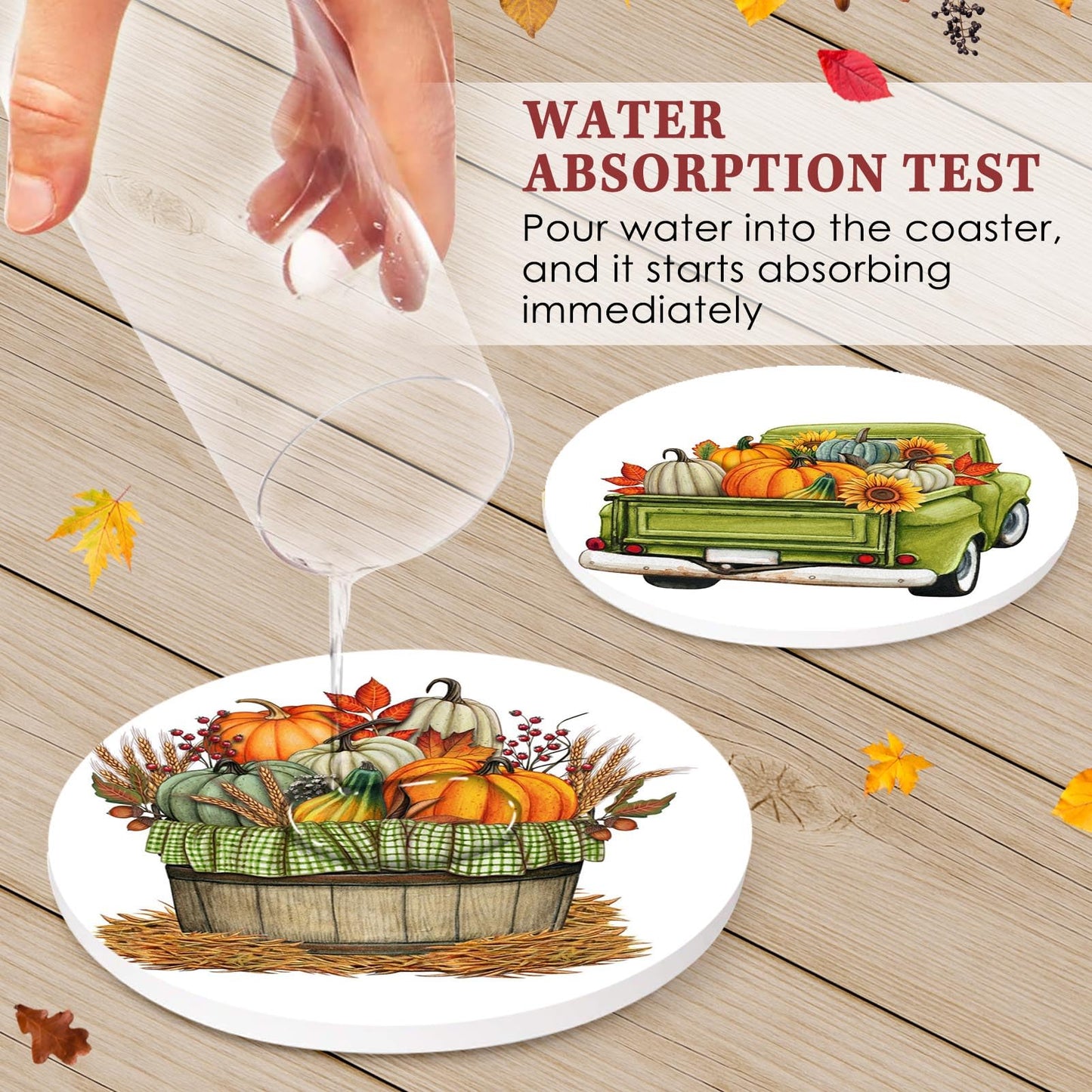 Britimes Coaster for Drinks Set of 6, Fall Leaf Thanksgiving Autumn Pumpkin Absorbent Round Ceramic Stone Mat, with Cork Base and Metal Holder, Gift for Housewarming Room Bar Decor