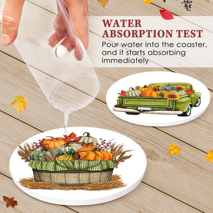 Britimes Coaster for Drinks Set of 6, Fall Leaf Thanksgiving Autumn Pumpkin Absorbent Round Ceramic Stone Mat, with Cork Base and Metal Holder, Gift for Housewarming Room Bar Decor