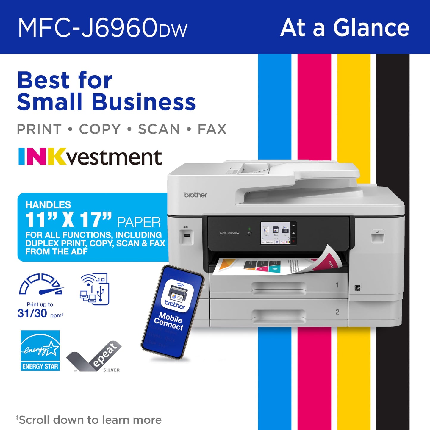 Brother INKvestment 6960 Wireless Color Inkjet All-in-One Printer with 11”x17” Capabilities and 3.5” Color Touchscreen | Includes Refresh Subscription Trial(1) (MFC-J6960DW)
