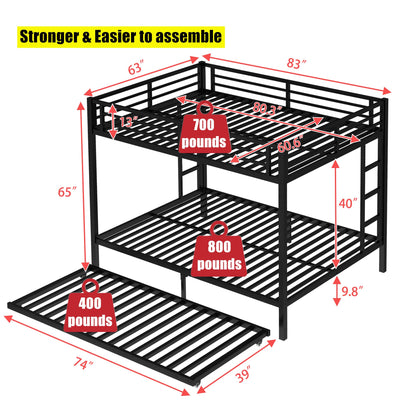 TIHWOALL Upgraded & Stronger Heavy Duty Metal Queen over Queen Bunk Bed with Twin Size Trundle, More Stable Safer Thickened Bunkbeds (Greater Weight Capacity) (Queen over Queen Bunk with Twin Trundle)