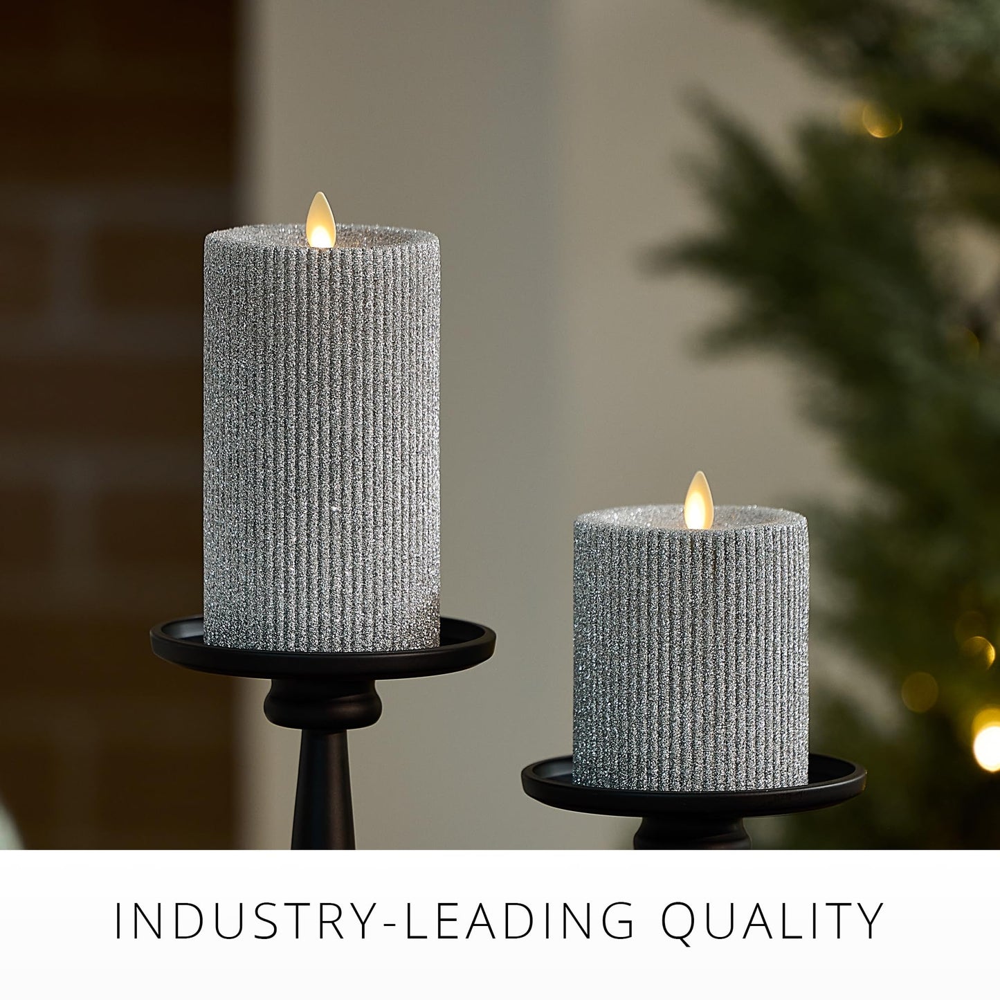 Luminara Brilliant Silver Glitter Ribbed Flameless LED Candle Moving Flame Pillar, Real Wax, Flat Top, Timer (3.25" x 4.5")