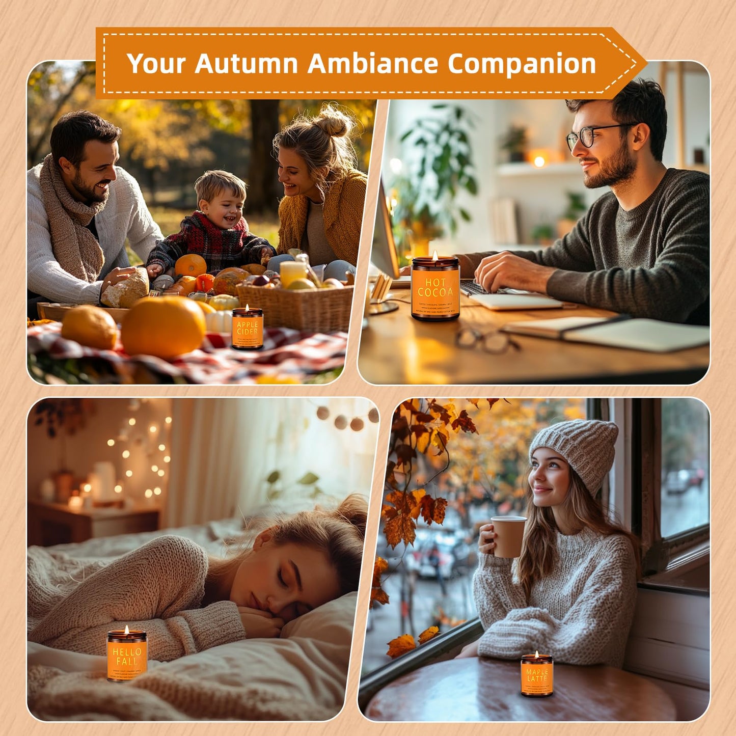 Fall Candles Set | 4 Pack Candles for Home Scented Natural Soy Wax, Autumn Gifts Set for Women Men, Fall Fragrance of Hellofall, Spice Pumpkin, Apple Cider, Hot Cocoa