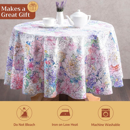 Maison d' Hermine Table Cloth Round Table 100% Cotton 69 Round Inches Tablecloth Reusable Decorative for Dining Kitchen Room Farmhouse Party Home Hotel Restaurant Spring Summer - Floral Love