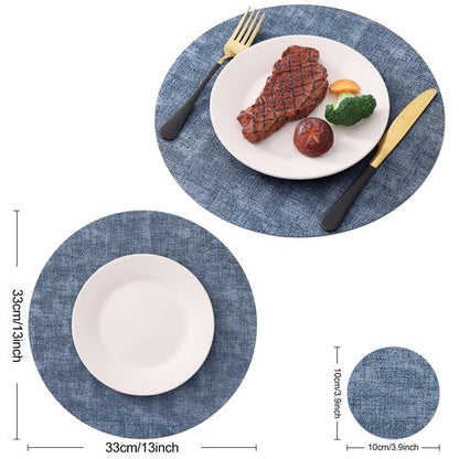 Homaxy Round Faux Leather Placemats and Coasters, Washable Dual-Side Table Mats, Wipeable Heat-Resistant Dining Place Mats for Outdoor and Indoor, Set of 6, Diameter 13 and 3.93 inch, Blue