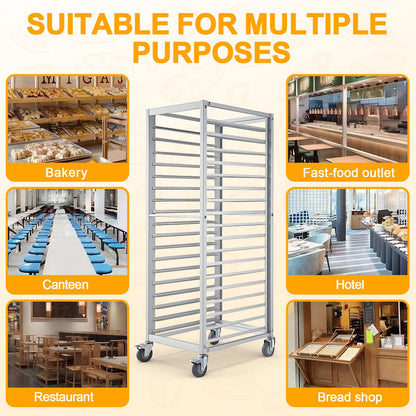 H Bun Pan Rack 18 Tier with Wheels, Commercial Bakery Racking of Aluminum for Full & Half Sheet - Kitchen, Restaurant, Cafeteria, Pizzeria, Hotel and Home