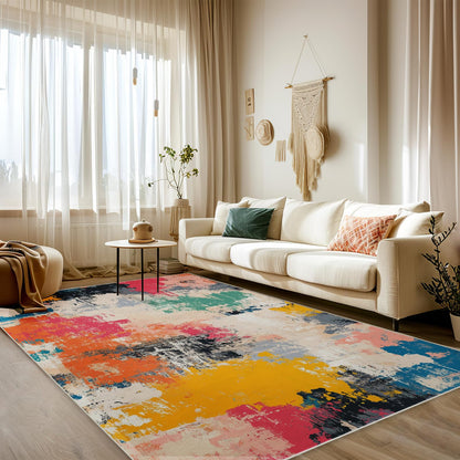 5x7 Colorful Area Rug Modern Abstract Beige Orange Yellow Pink Blue Black White Grey Rug Bedroom Low Pile Thin Large Carpet Living Room Non Slip Dining Room Stain Resistant Office Washable Machine