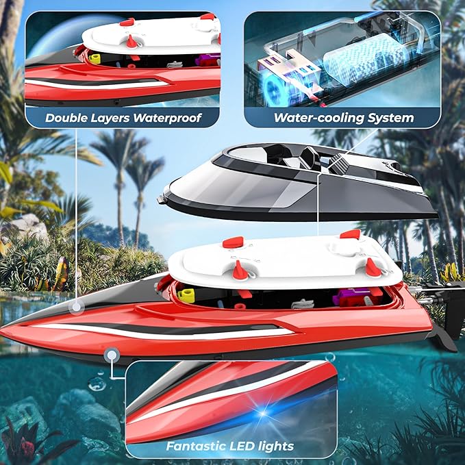 BEZGAR RC Boat 14 inch Remote Control Boat - Self-righting 40 Min Dual-Battery 32 KPH Fast RC Boats for Kids &amp Adults with LED Lights for Pool Lake Ocean Waterproof &amp Suitcase - Red