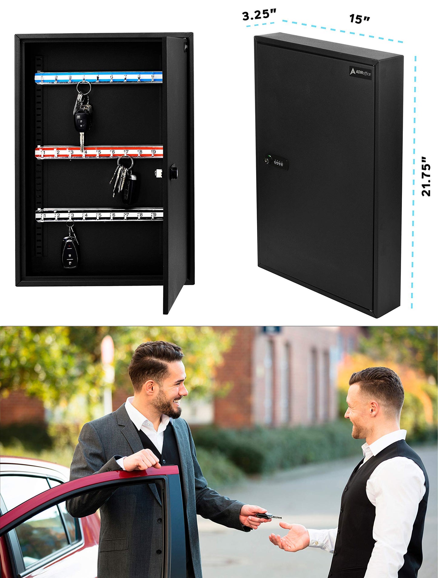 AdirOffice Key Storage Cabinet with Combination and Key Lock - Wall Mounted Steel Keybox w/Code - Durable Safe & Organizer for Keys