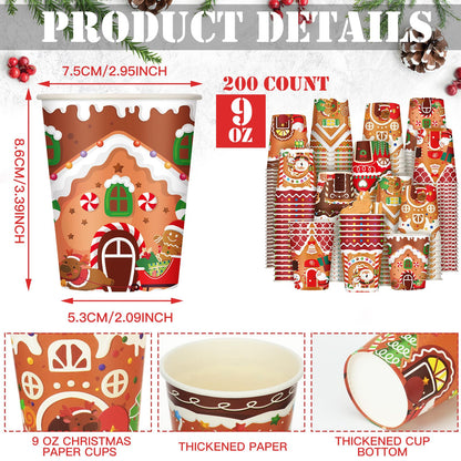 Zhehao 200 Pcs Christmas 9 oz Paper Cups Disposable Coffee Cups Santa Snowman Elk Disposable Hot Cups Xmas Party Drinkware Supplies for Holiday Tea Beverage Cocoa Cold Hot Drink (Gingerbread Style)