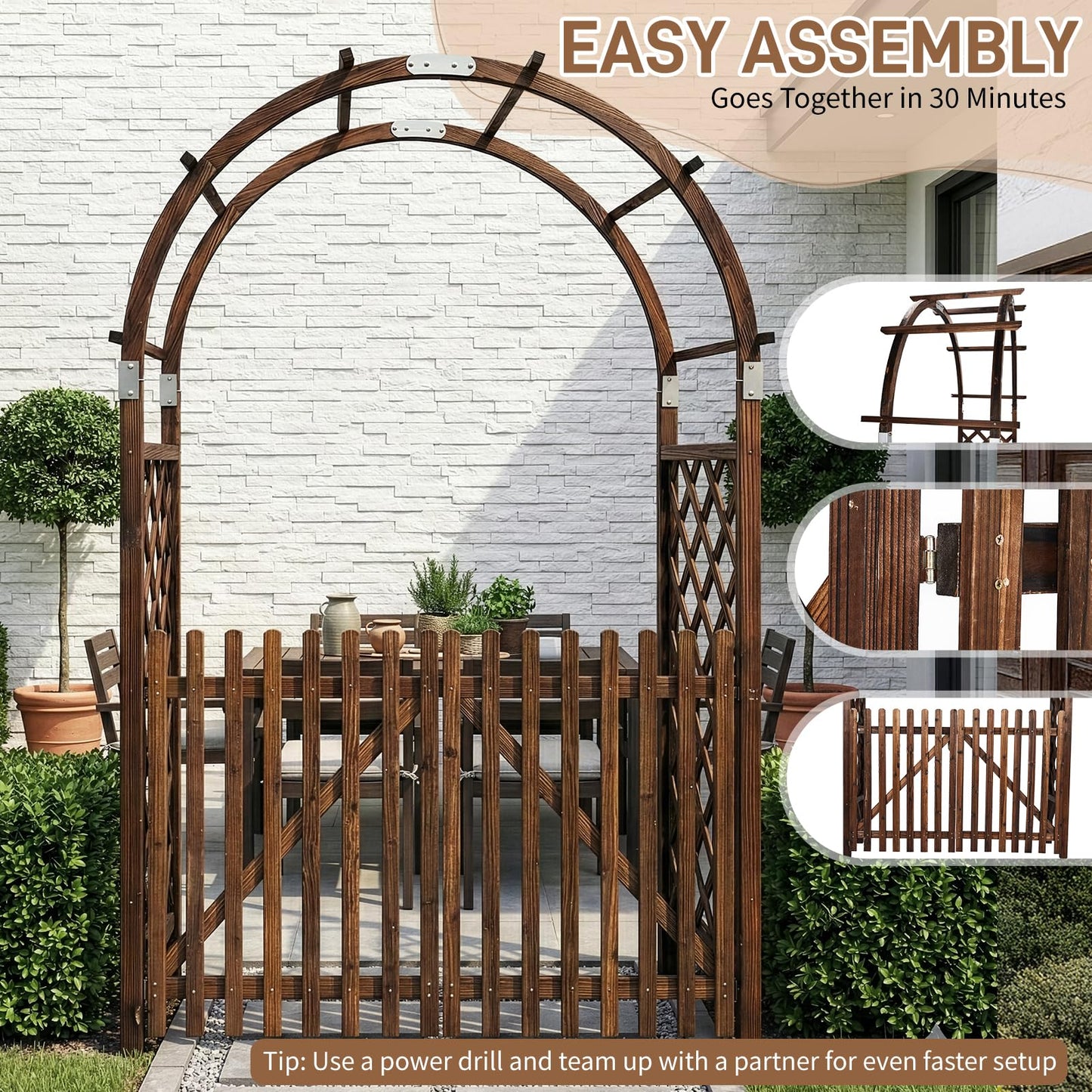 VINGLI Wooden Garden Arbor, Heavy Duty Outdoor Frame Trellis with Gate for Ceremony, Wood Trellis Garden Arch Pergola for Plant Climbing, Patio, Lawn, Wedding