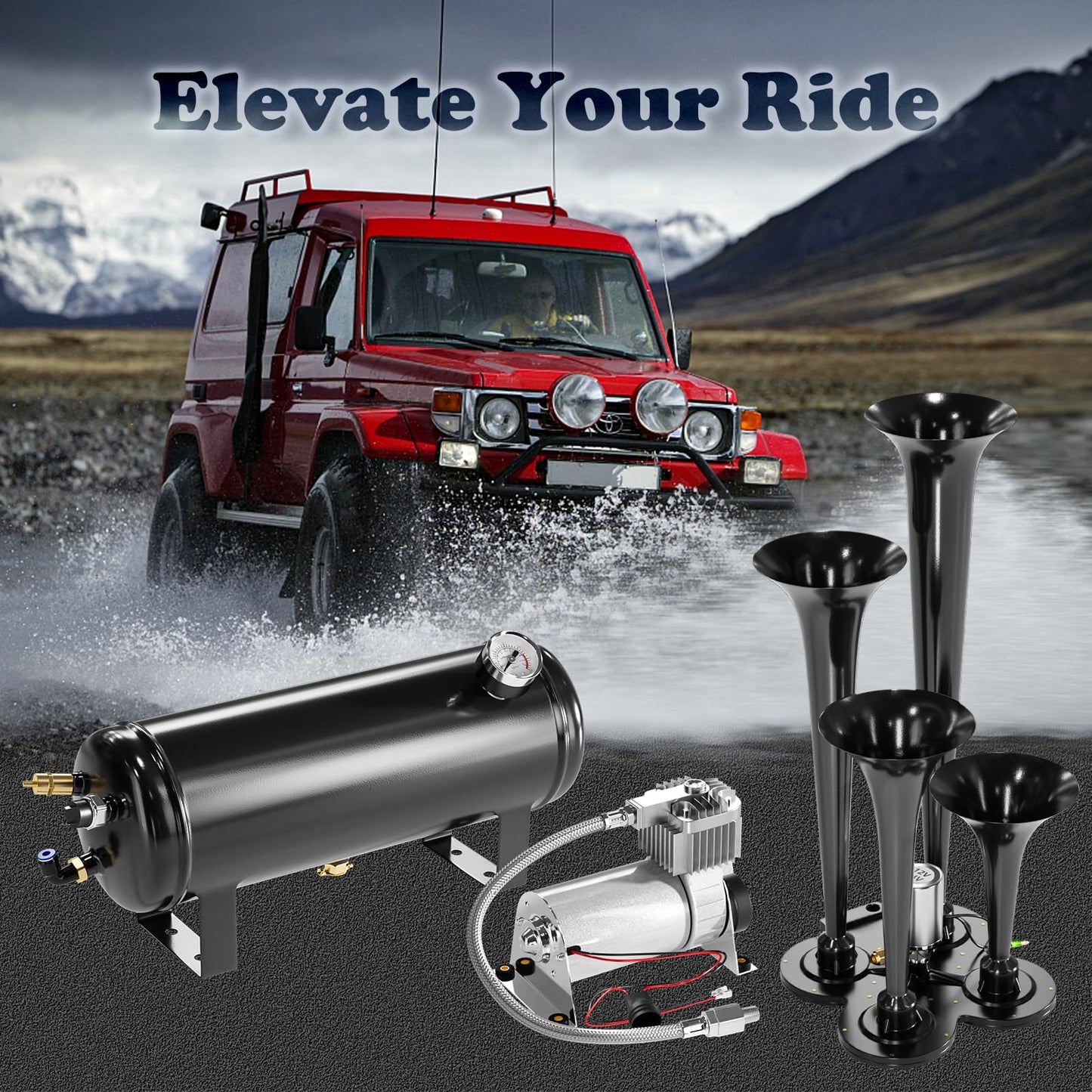 150DB Train Air Horn Kit, 4 Horn Kits for 150 PSI 12V Air Compressors, Ultra Loud Air Horn With Built-in 90-120 PSI Pressure Switch and Temperature Controller for Truck Complete Kit, Black 1.59 Gallon
