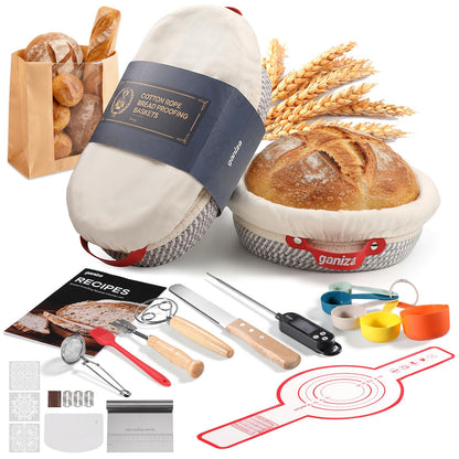 Ganiza Sourdough Starter Kit, Cotton Rope Sourdough Bread Baking Supplies, 9'' Round & 10'' Oval Banneton Basket with Liners & Covers, Sourdough Proofing Basket Kit Gifts for Bakers Women Wife Mom