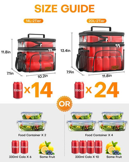HOTOR Insulated Lunch Box for Men & Women - Leak-Proof Cooler Lunch Bag with 4 Pockets, Adjustable Strap, Ideal for Work, Picnic, Travel - Black, 2 Layers, Large, 11.81"×7.87"×13.39"