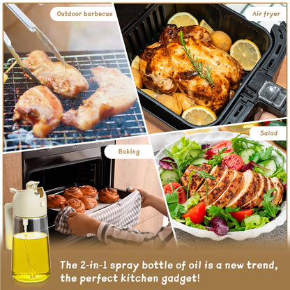 Oil Sprayer for Cooking 2pcs,2 in 1 Oil Dispenser and Oils Sprayer Kitchen Gadgets-16oz Glass Oils Spray Bottle,Mist Olive OilDispenser,Air Fryer,Salad,Grill (White Kitchen Accessories)