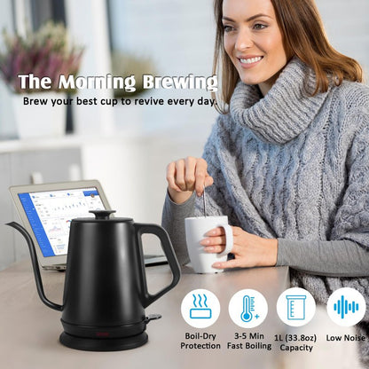 1L Electric Gooseneck Kettle, Tea Kettle for Boiling Water, Gooseneck Electric Kettle for Coffee & Tea, Fast Boiling for Pour Over, Auto Shut-Off, Boil-Dry Protection, 360° Rotational Base