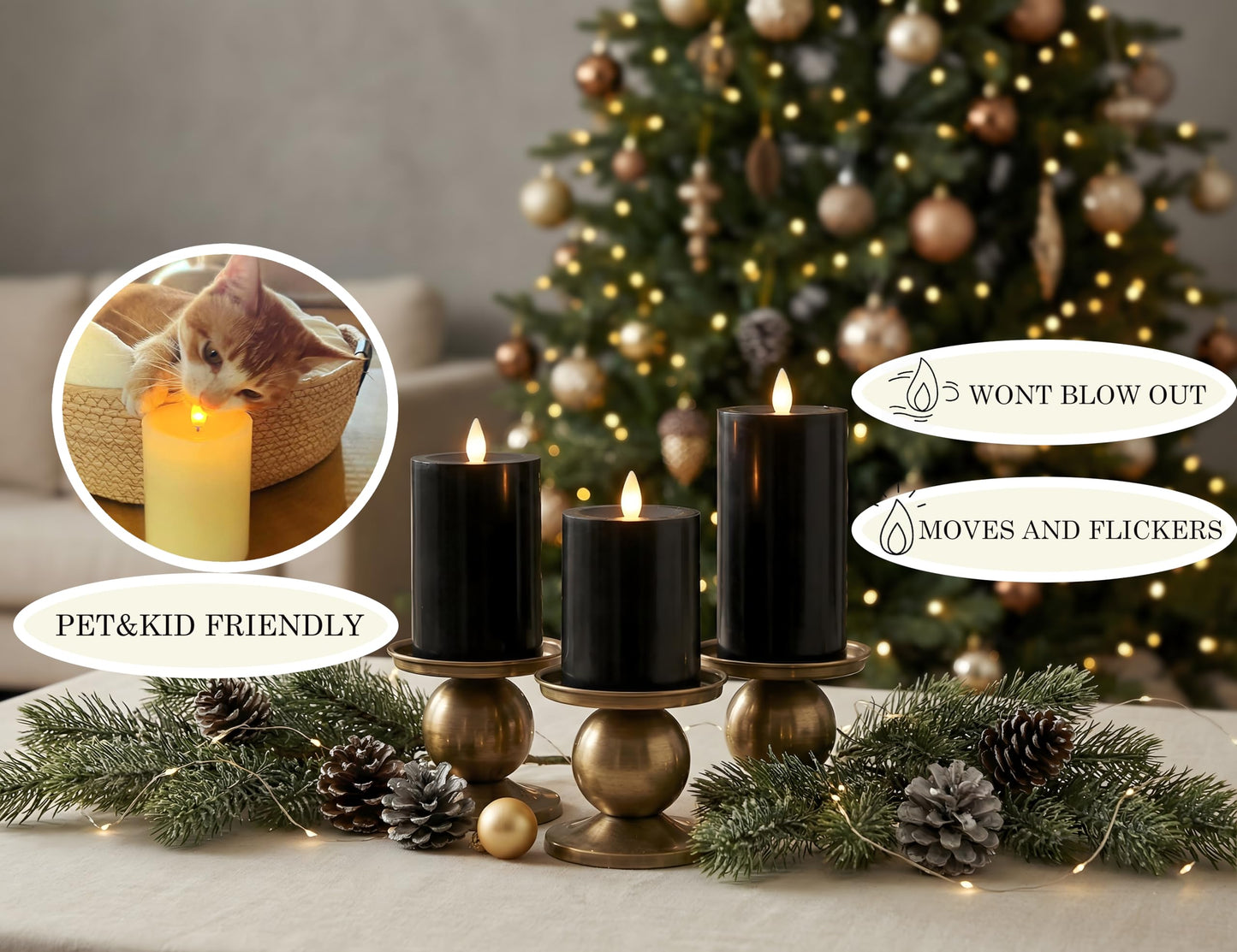 CozierGlow Flameless Pillar Candles Flickering with Remote Timer, Battery Operated LED Candles Up to 400 Hours, 3D Moving Flame Real Wax Candles. (Black)