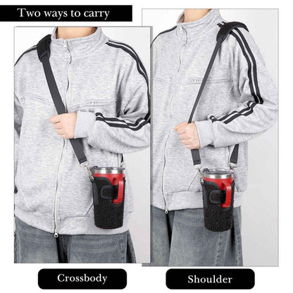 Linkidea Tumbler Carrier with Strap Compatible with Iron °Flask Grip Coffee Mug 16oz, Polar Fleece Mug Sling Bag Holder with Shoulder Strap (Black)