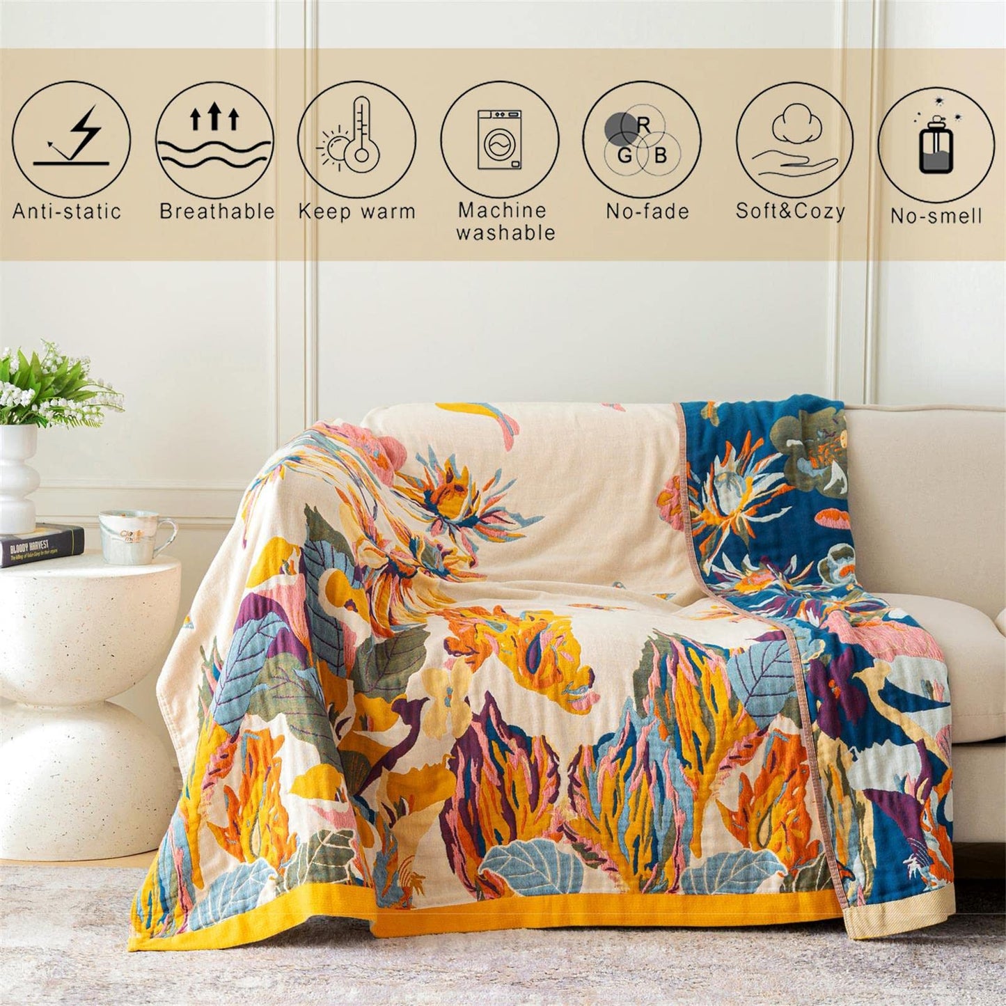 MSGKV Boho Throw Blanket 60''x80'',100% Cotton Blankets for Couch Bed,Cotton Quilt Travel Muslin Blankets Farmhouse Home Decor Soft Lightweight Picnic Blanket