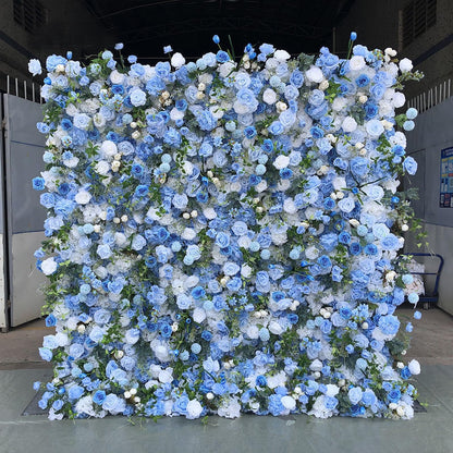 Handmade Blue Roses Wall Large Artificial Flower Wall Backdrop Panels,Rose Wedding Backdrop 3D Floral Wall Fabric Flower Wall For Party Baby Shower Bridal Wedding Background D,3m*3m/10*10FT