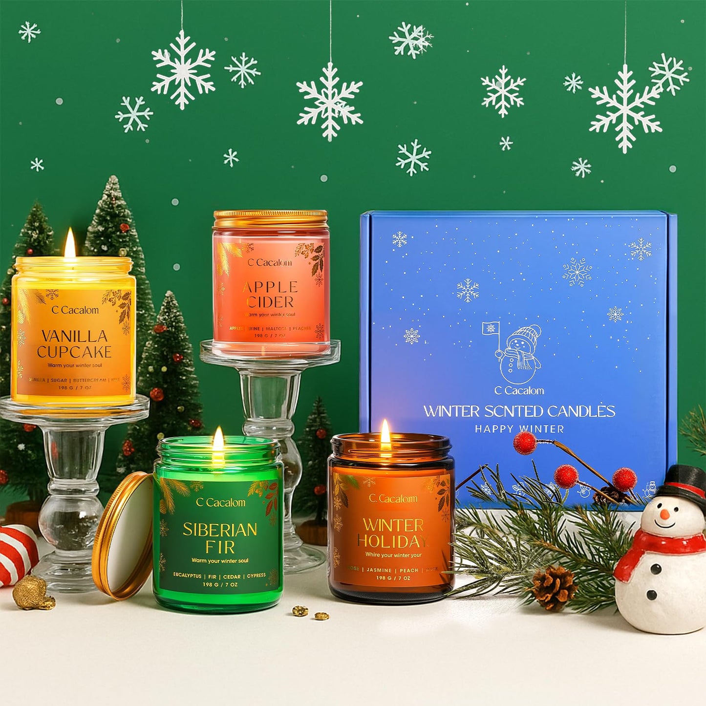 Winter Scented Candles, Holiday Candles for Home, Aromatherapy Soy Candles Gifts Set for Women Men, Vanilla/Fir/Apple Cider/Winter Holiday