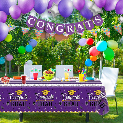 Graduation Tablecloth Party Decorations, 3 Pack Class of 2026 Congrats Grad Purple Graduation Party Tablecover Rectangle Plastic Table Cloth Disposable Table Covers Party Supplies, Large Size 54"x108"