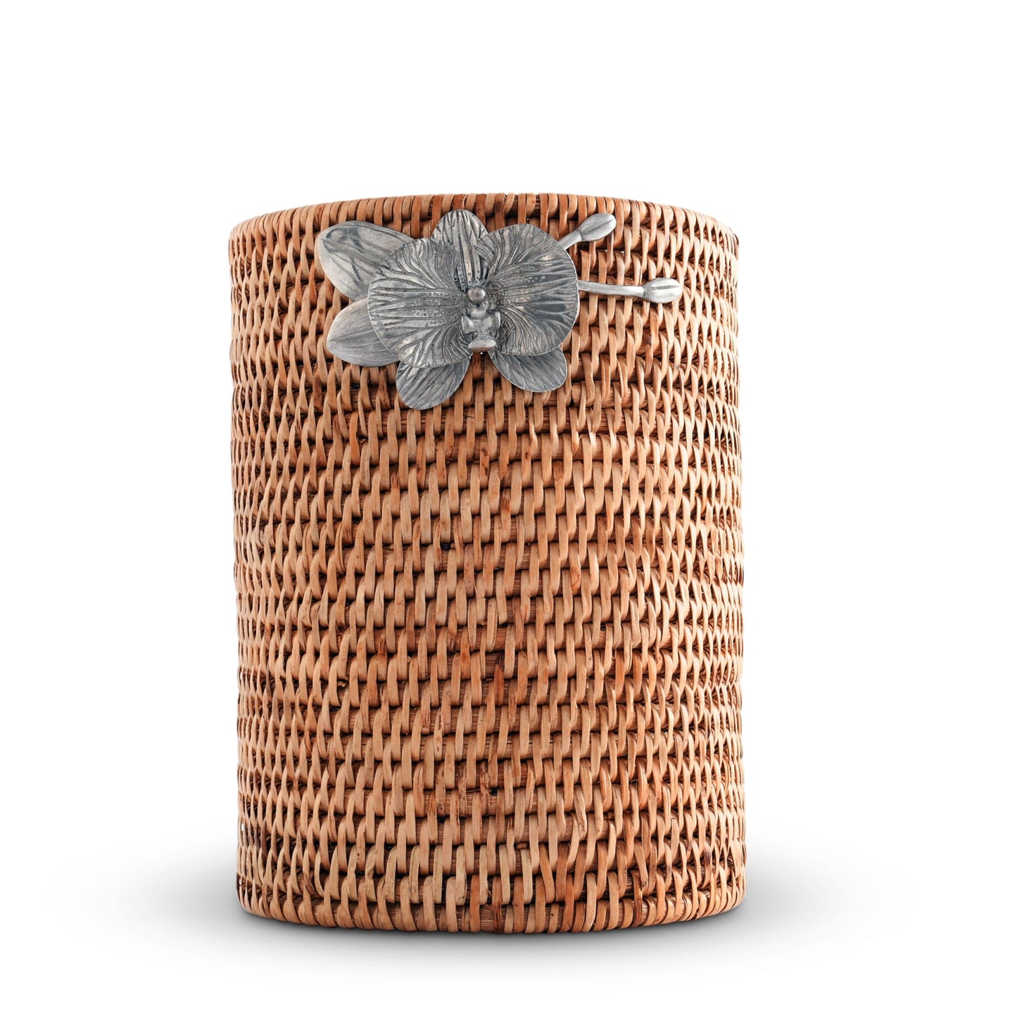 Vagabond House Wicker Rattan Utensil Holder, 8 Inches Tall, Large Kitchen Organizer with Pewter Orchid, Woven Boho Decor for Practicality and Style