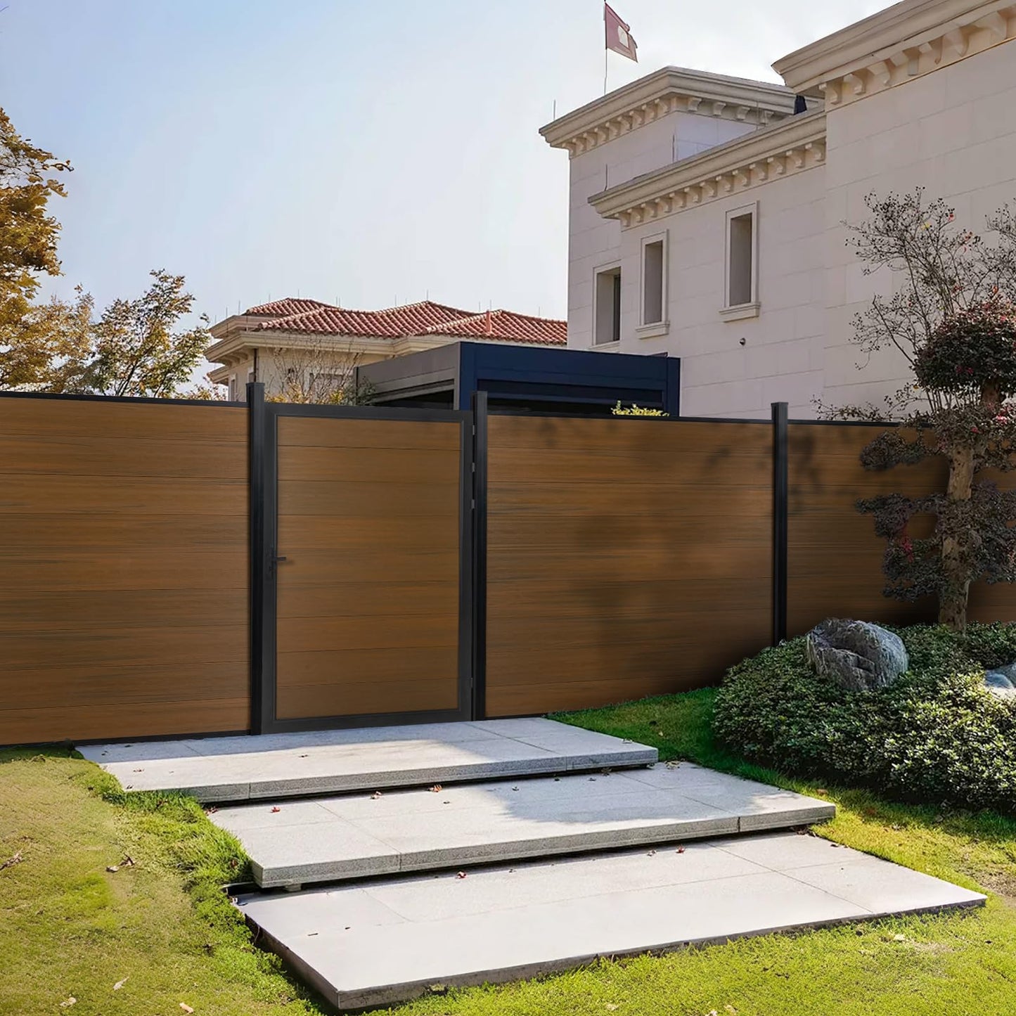 Mondaria Wood Plastic Composite Gate for Privacy Fence 6ft(H)*4ft(W), Fence Gate with Metal Frame and Knob Kits, Brown (Without Post)