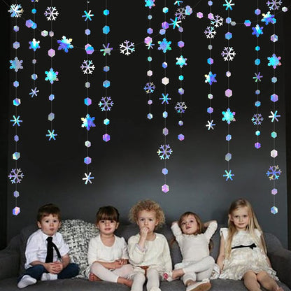 Clearance 52Ft Winter Wonderland Party Decoration Iridescent Snowflake Garland Holographic Paper Snowflake Streamer for Winter Onederland Christmas Frozen Birthday Wedding Bridal Shower Party Supplies