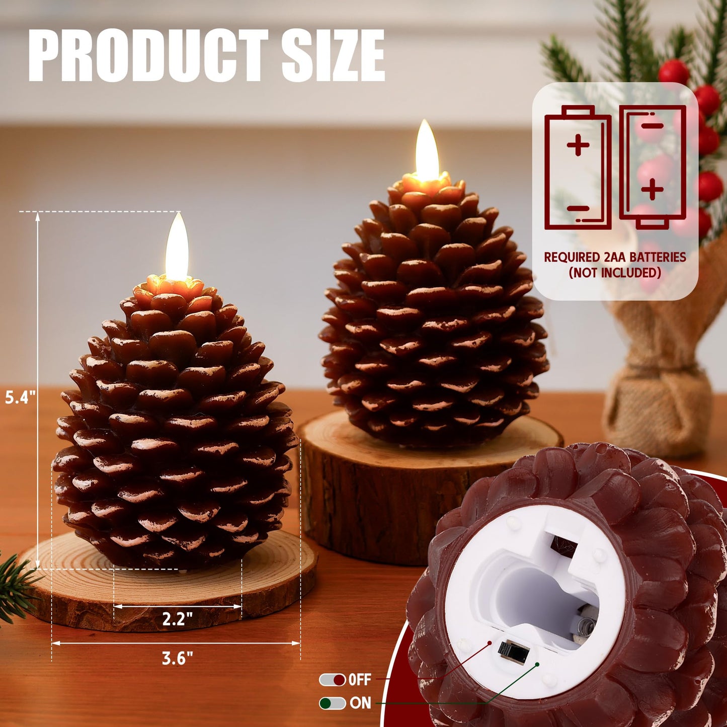 SEHNSY Christmas Flameless Pinecone Candles with Remote,Real Wax Battery Operated Candles, Flickering Led Pine Cone Candle for Xmas Holiday Winter Home Decoraction, 2 Pack