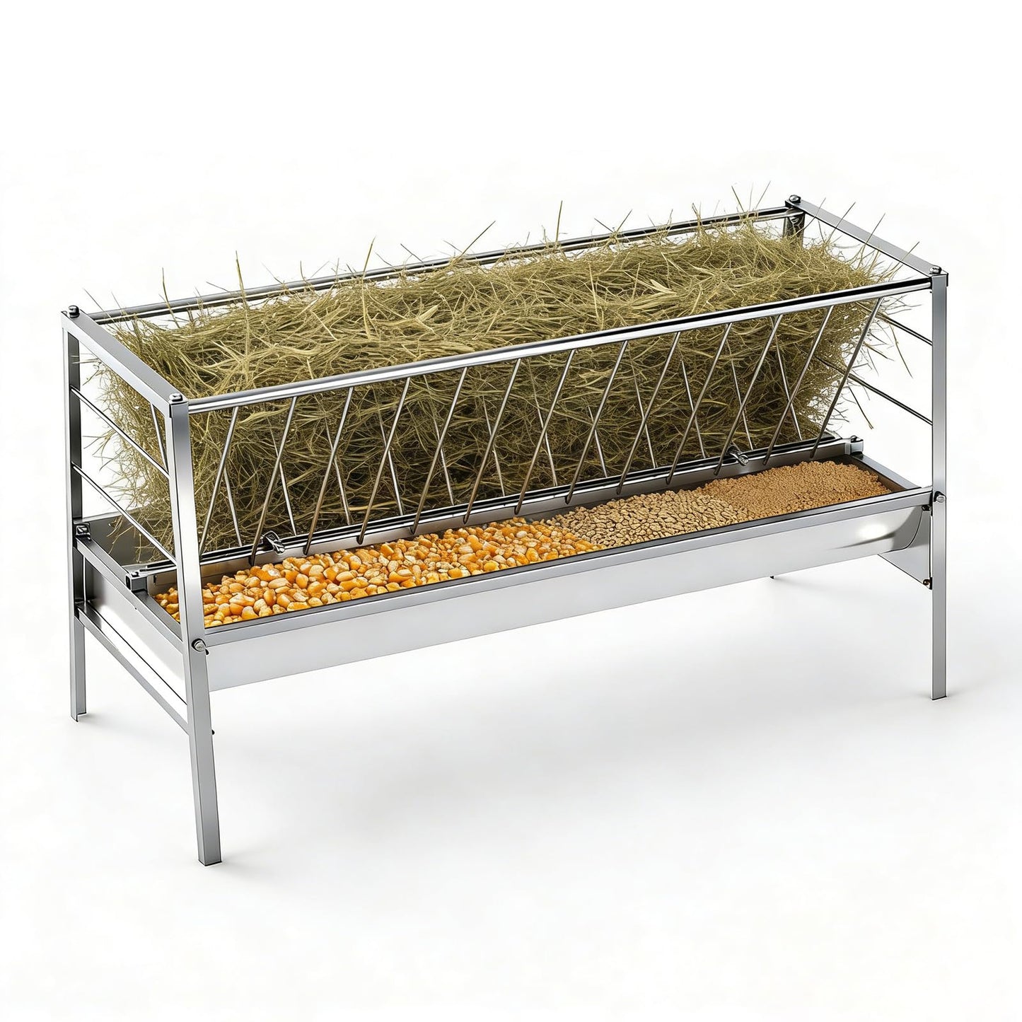 Stainless Steel Goat Sheep Feeder, 94-Gallon Grain|Water|Hay Feeder, 8.0'' Deeper|59" Long Feeding Pan, Livestock Hay Rack for Barn, Pasture, Cow Shed, Courtyard