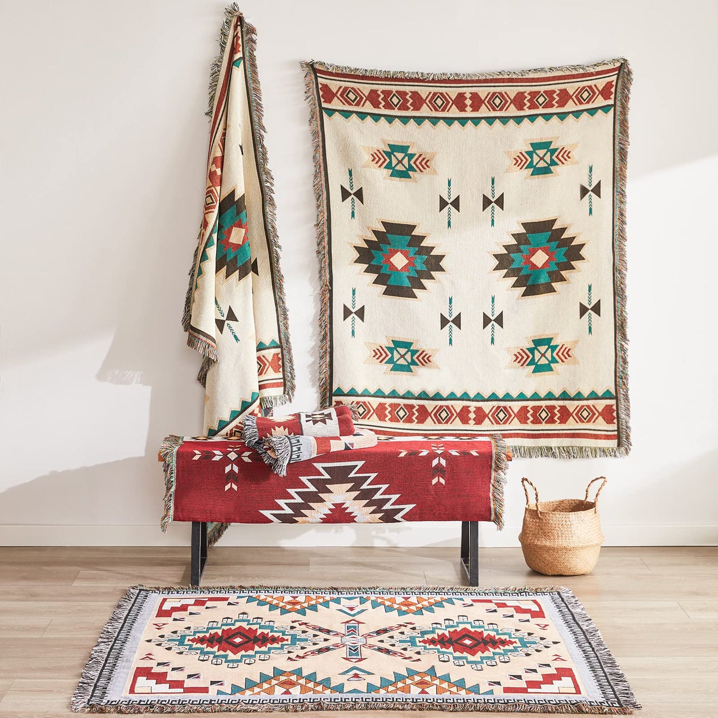 Touchat Native American Blanket Western Decor Boho Throw Blanket for Sofa, Mexican Decorative Farmhouse Blanket, Southwest Decor Woven Blankets, Aztec Throw Blankets with Tassel(Beige,50×60 inch)