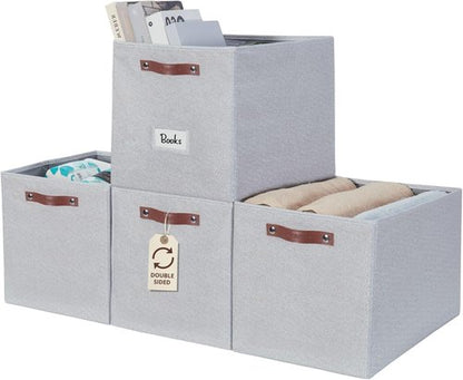 DECOMOMO Storage Baskets - 13x15x13 Cube Bins with Labels for Organized Shelves | 4-Pack, Light Grey